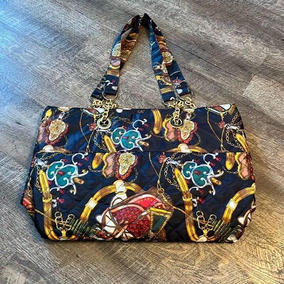 Vintage Kalencom Quilted Tote Bag Large Chain Print Shoulder Carryall Travel - Picture 2 of 8